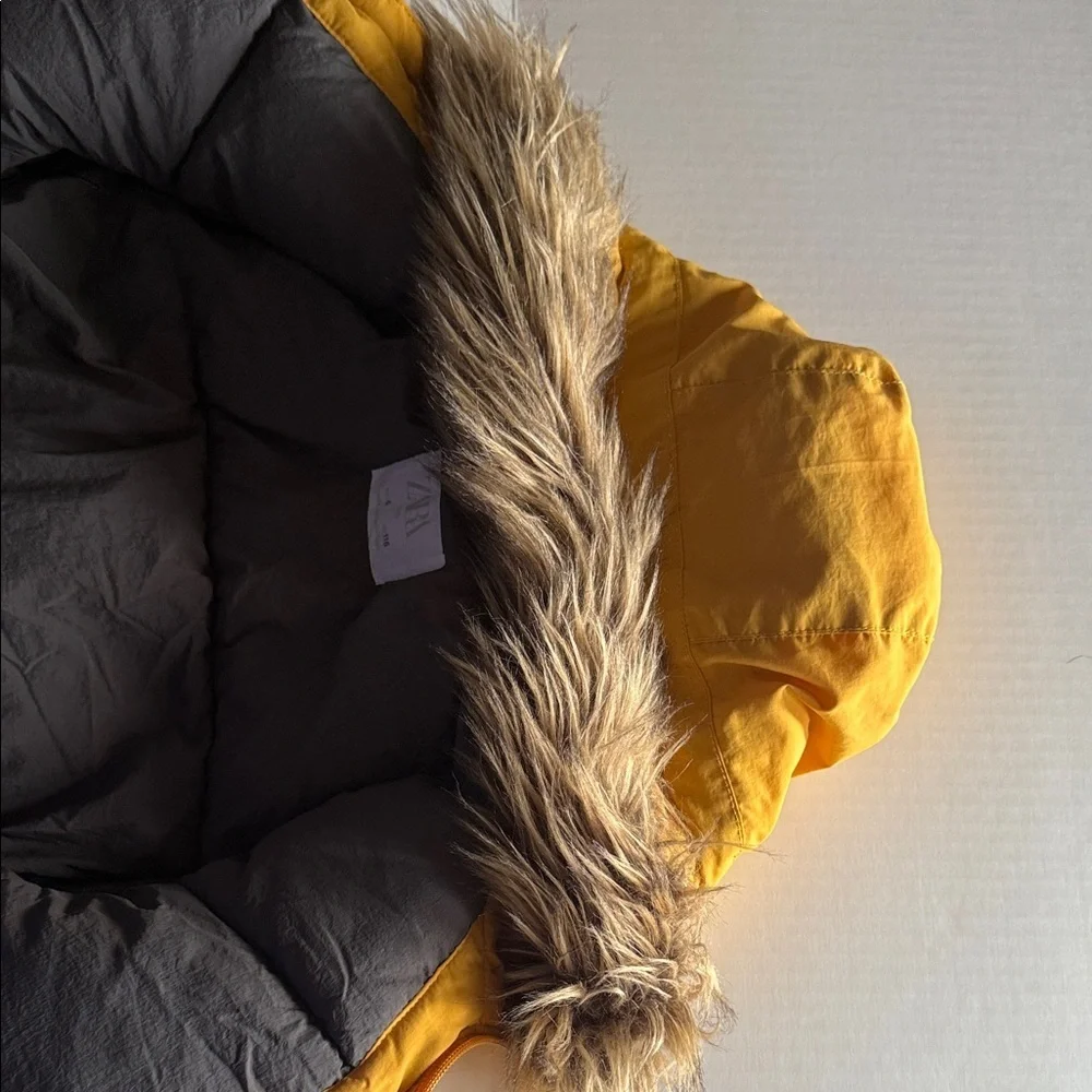 Zara Kids Yellow Puffer Jacket with Faux Fur Hood